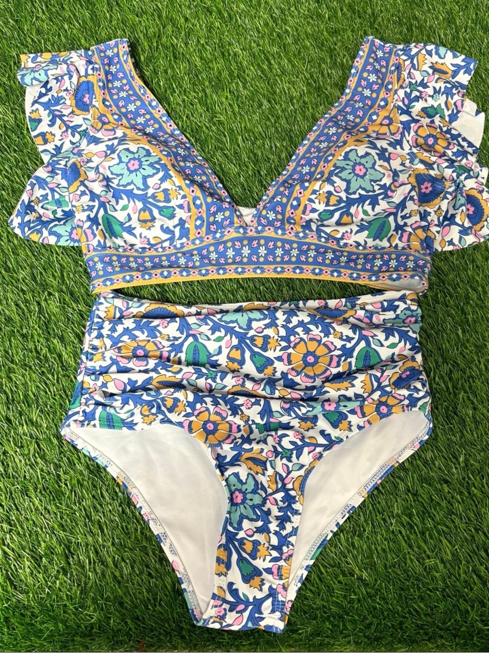 floral bikini set nwot high waisted slimming modest ruffle